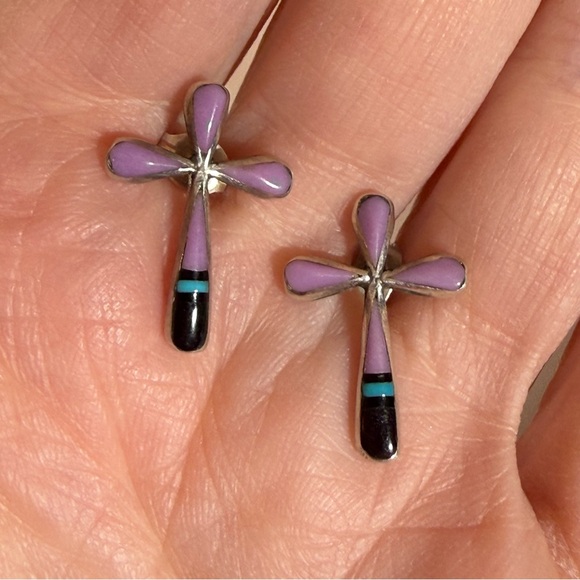 Vintage Native American Zuni Mosaic stone sterling silver cross earrings